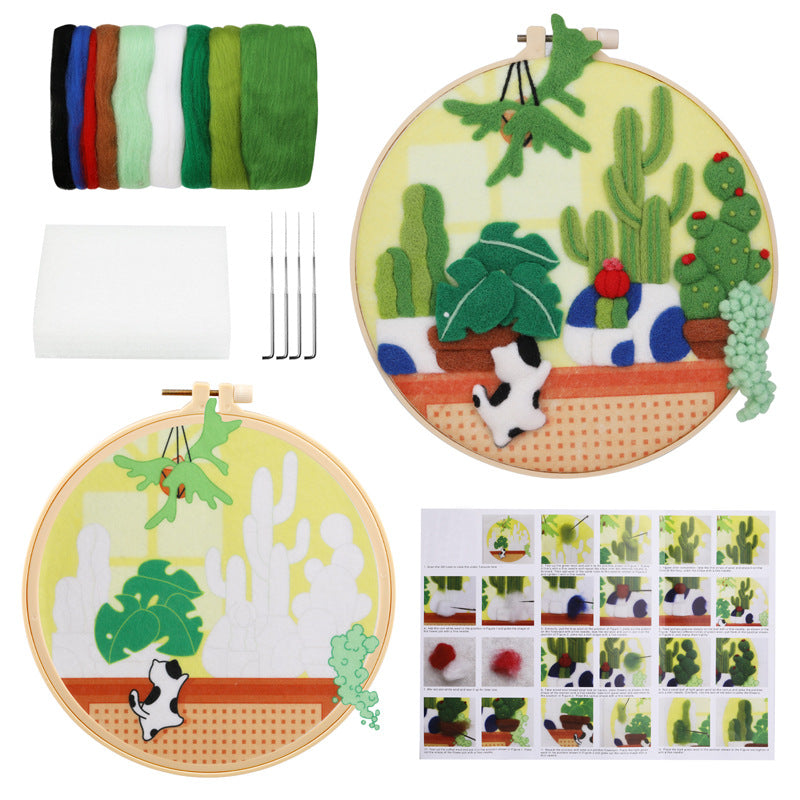 DIY Needle Felting Landscapes Kit for Beginners - Wool Hoop Art Set - Green Series