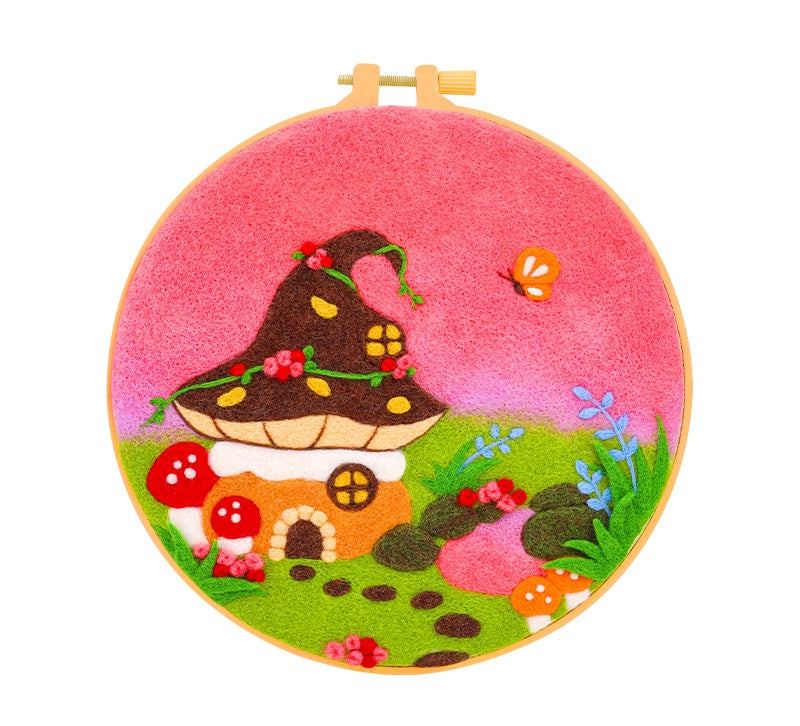 DIY Needle Felting Landscapes Kit for Beginners - Wool Hoop Art Set - Mushroom Series