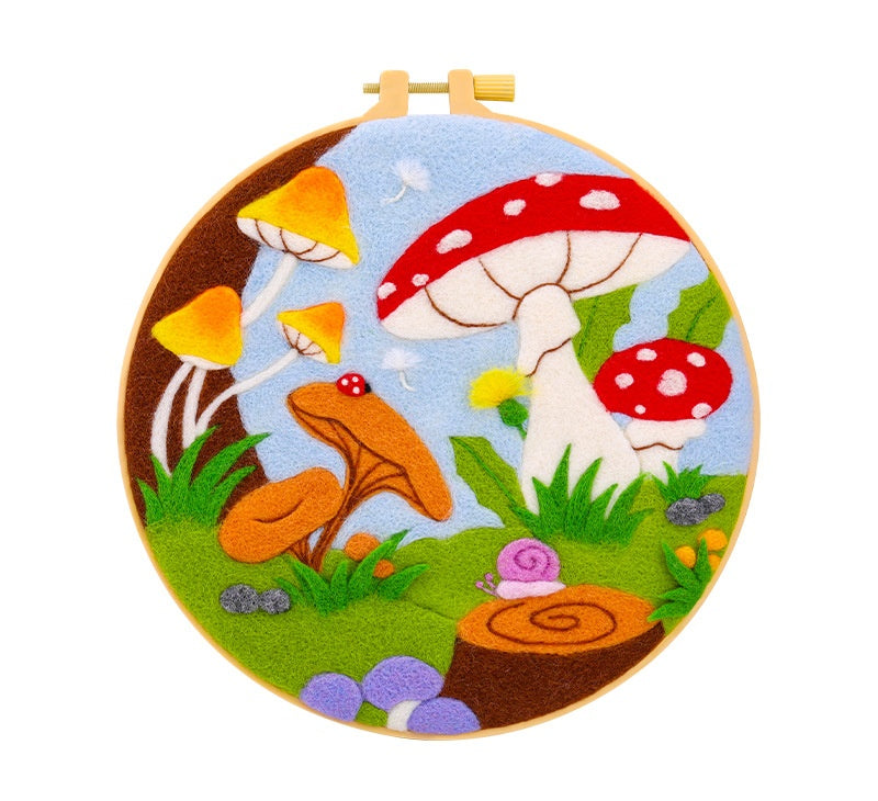 DIY Needle Felting Landscapes Kit for Beginners - Wool Hoop Art Set - Mushroom Series