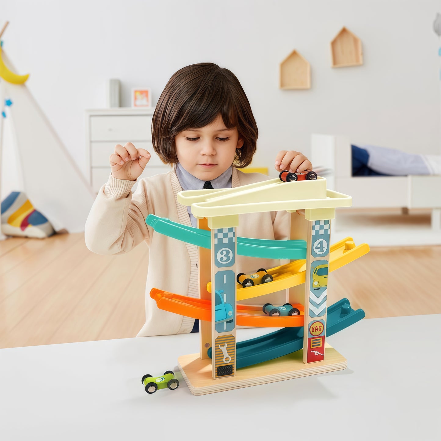 Wooden Multi - Level Ramp Racer Toy Set