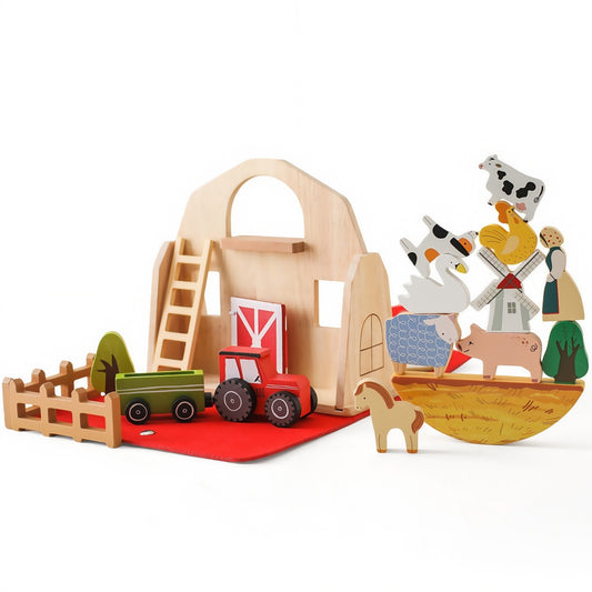 Wooden Barn Farm Animal Toys for Kids 3-5, Red Barn Montessori Toys, Portable Set for 3-5 Year Olds