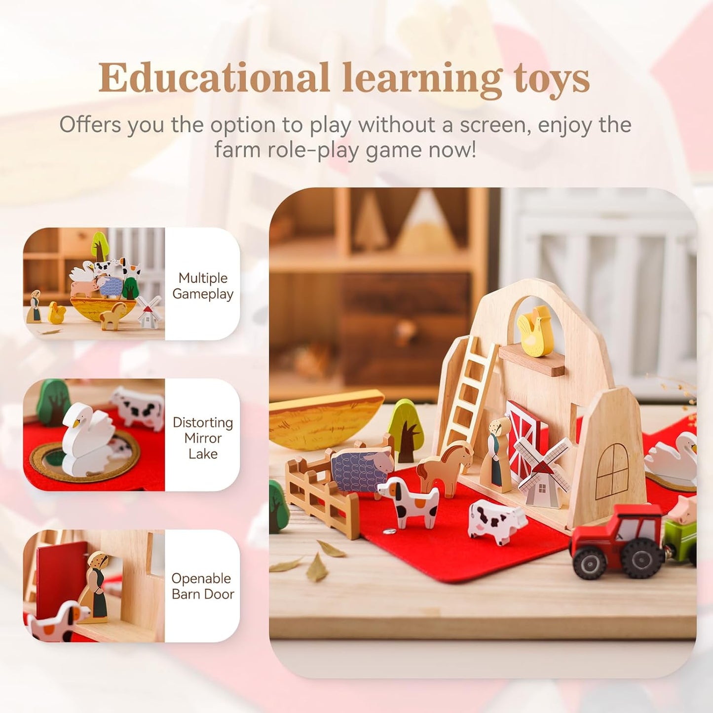 Wooden Barn Farm Animal Toys for Kids 3-5, Red Barn Montessori Toys, Portable Set for 3-5 Year Olds