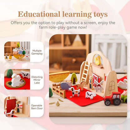 Wooden Barn Farm Animal Toys Portable Set