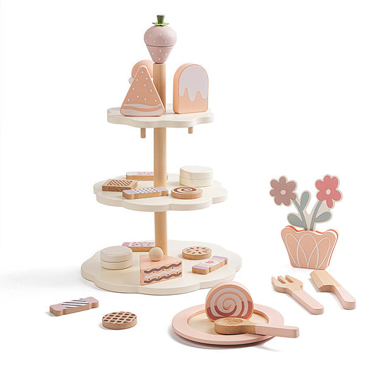 Wooden Cake Toys Tea Party Set, Desserts Food Toy with Cupcake Stand