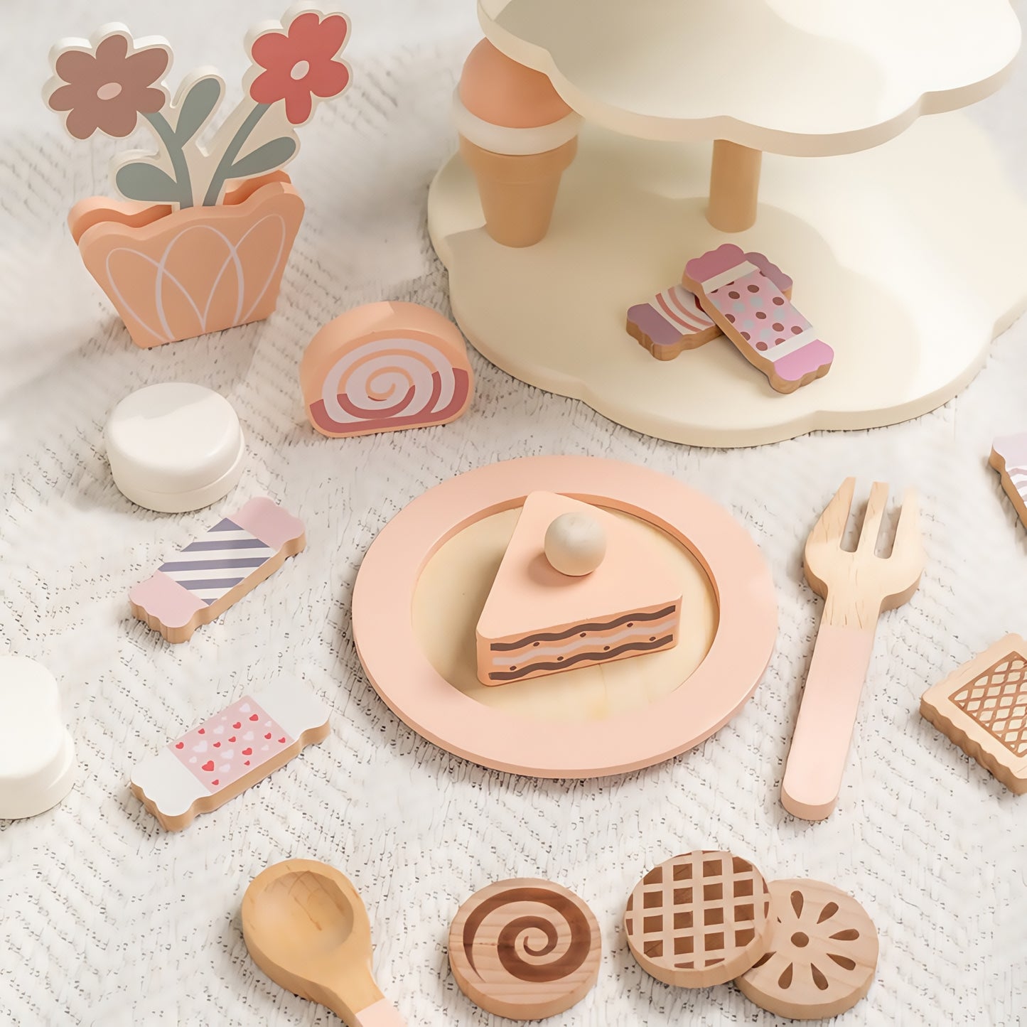 Wooden Cake Toys Tea Party Set, Desserts Food Toy with Cupcake Stand