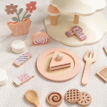 Wooden Cake Desserts with Cupcake Stand Toys Tea Party Set