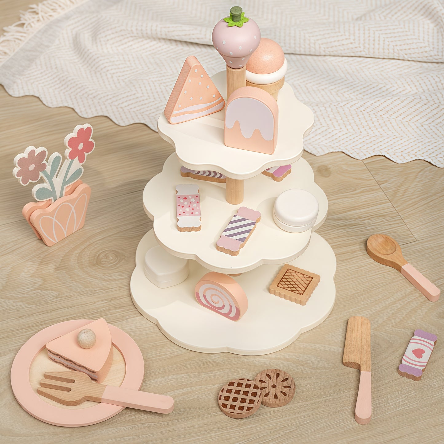 Wooden Cake Toys Tea Party Set, Desserts Food Toy with Cupcake Stand