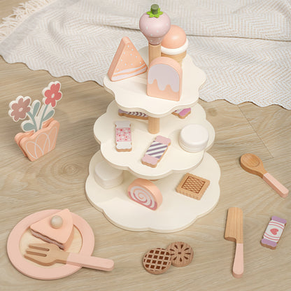 Wooden Cake Desserts with Cupcake Stand Toys Tea Party Set