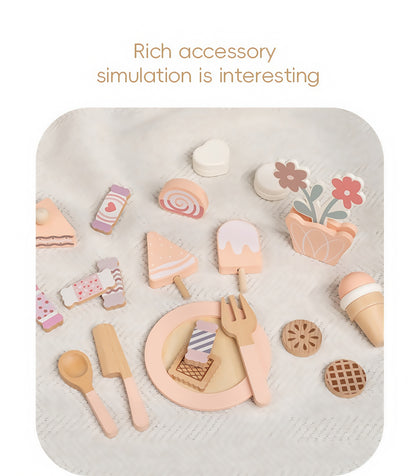 Wooden Cake Desserts with Cupcake Stand Toys Tea Party Set