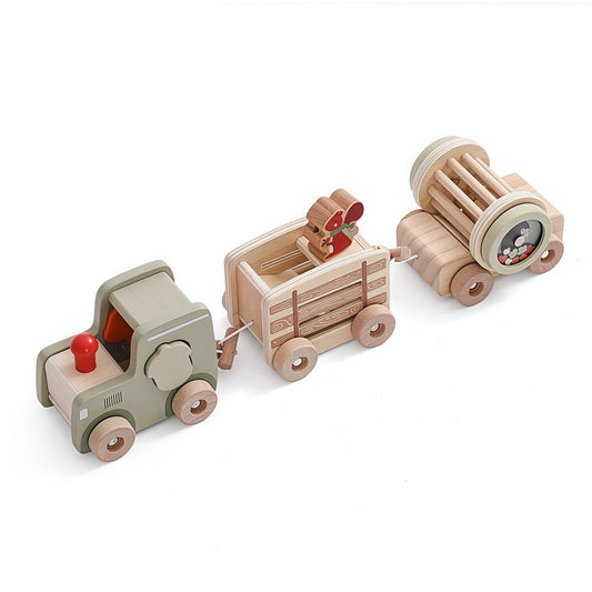 Toddlers Train Set Wooden Animal Train Toys with Shape Matching ＆ Wooden Rattles Baby Vehicle Toy