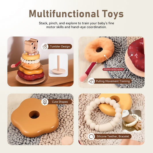 Baby Stacking Rings Toy, 8-Layer Lion Wooden & Plush Stacker, Silicone Teether Bracelet, Rattle Ring,