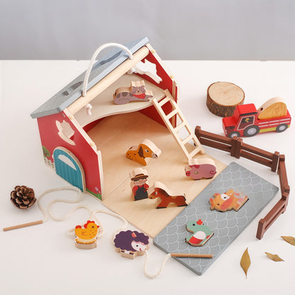 Wooden  Montessori Farm Playset with Animal & Barn Toys