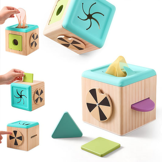 Wooden Baby Tissue Box Toy -  3 Shape Blocks & 8 Silk Paper