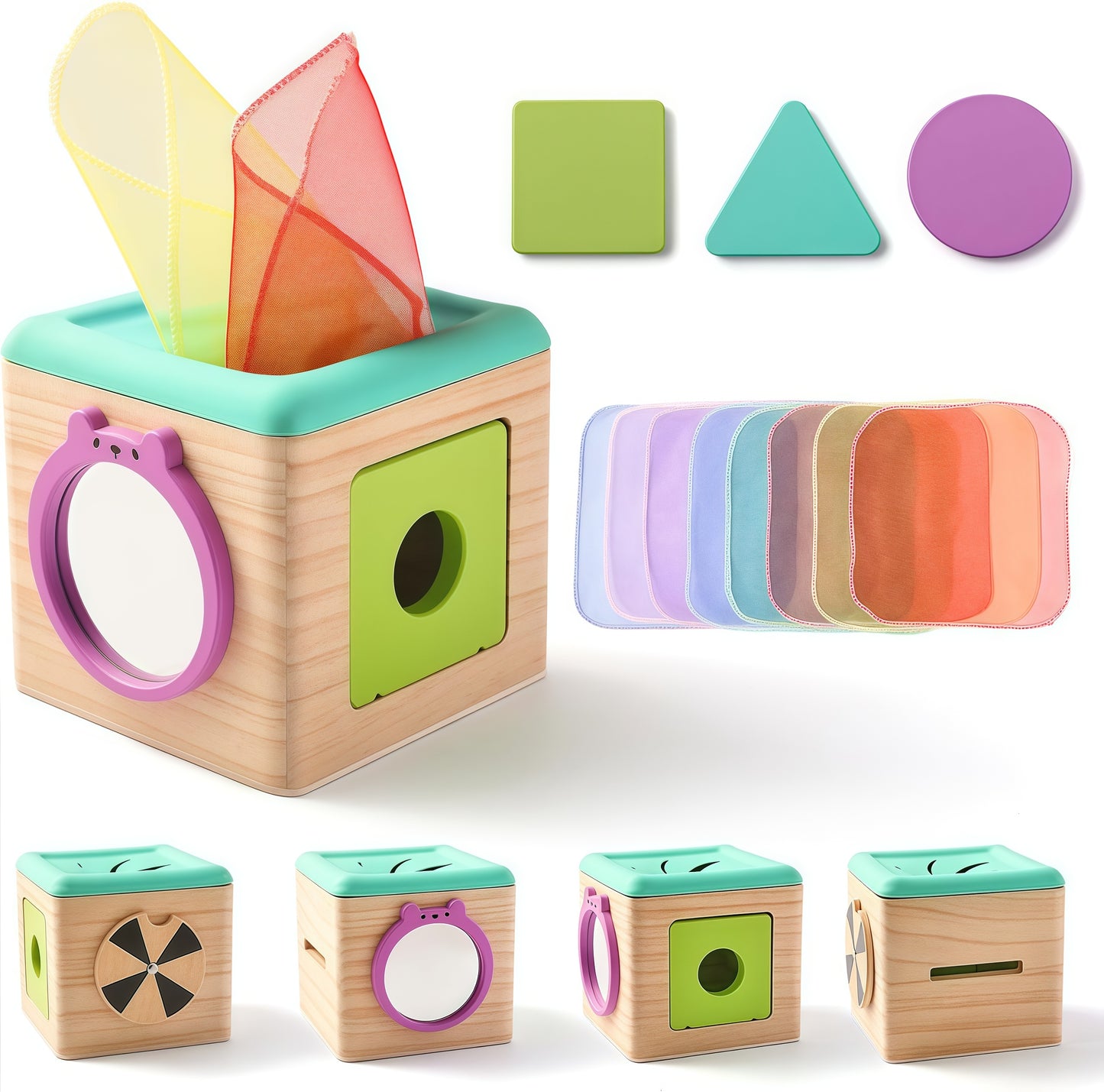 Wooden Baby Tissue Box Toy -  3 Shape Blocks & 8 Silk Paper