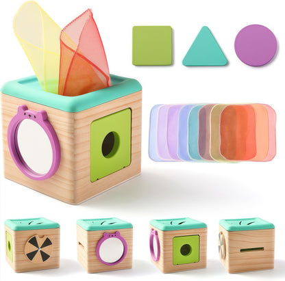 Wooden Baby Tissue Box Toy -  3 Shape Blocks & 8 Silk Paper